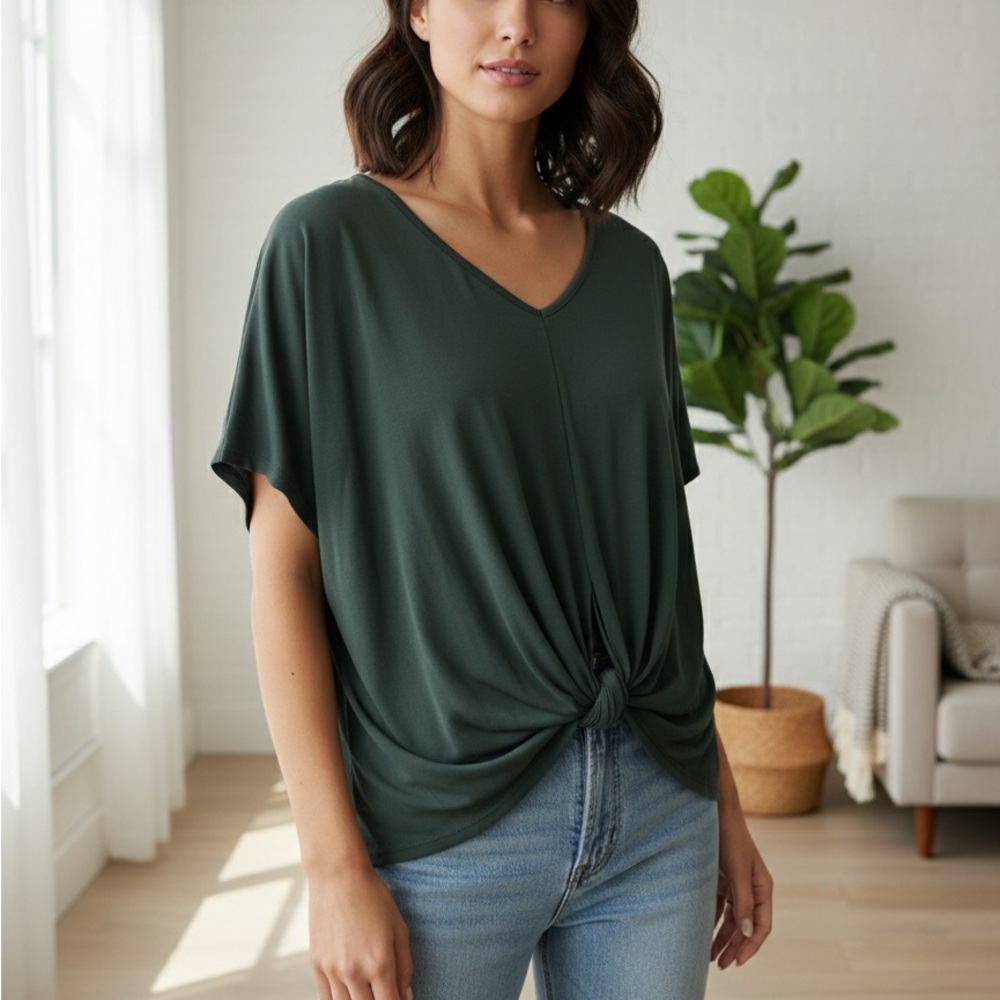 lavender field Dark Green V-Neck Twist Front Short Sleeve Top